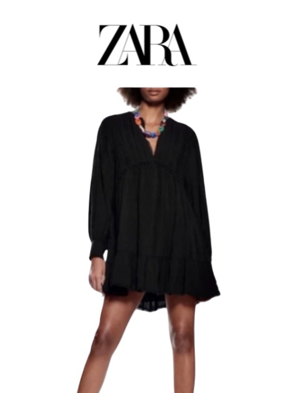 Zara Black Ruffled V-Neck Bishop Sleeve Dress